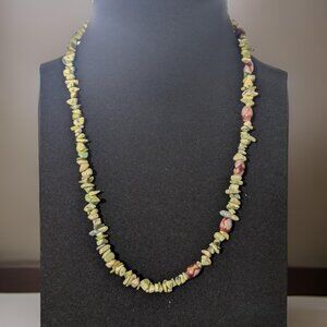 Unisex Vintage Unakaite Chipped Glass Bead Shades of Green Necklace